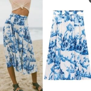 Zara Blue and White Toile-Print Midi Skirt